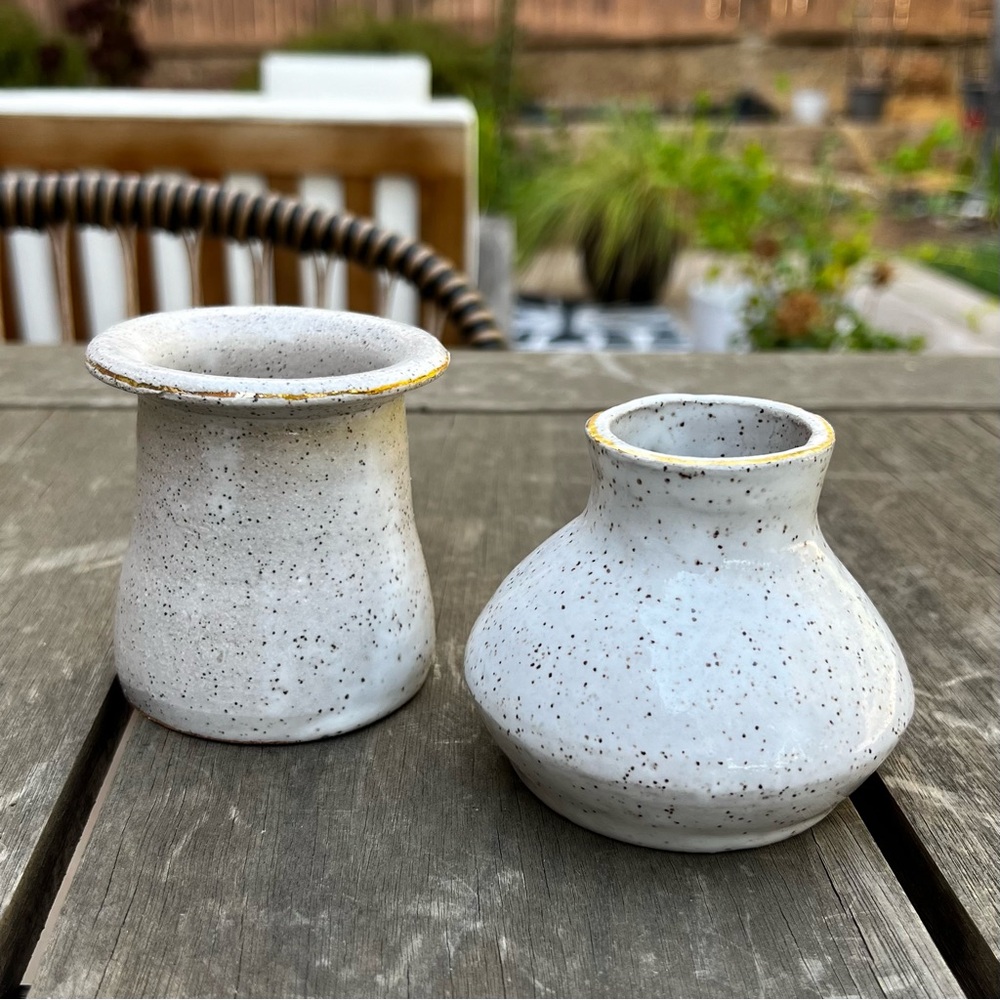 Studio Pottery Speckled Bud Vases Set of Two White Brown Gold Artist Signed